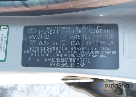 2003 Hyundai Elantra Gt z USA, uszkodzony, nr VIN KMHDN55D23U085170